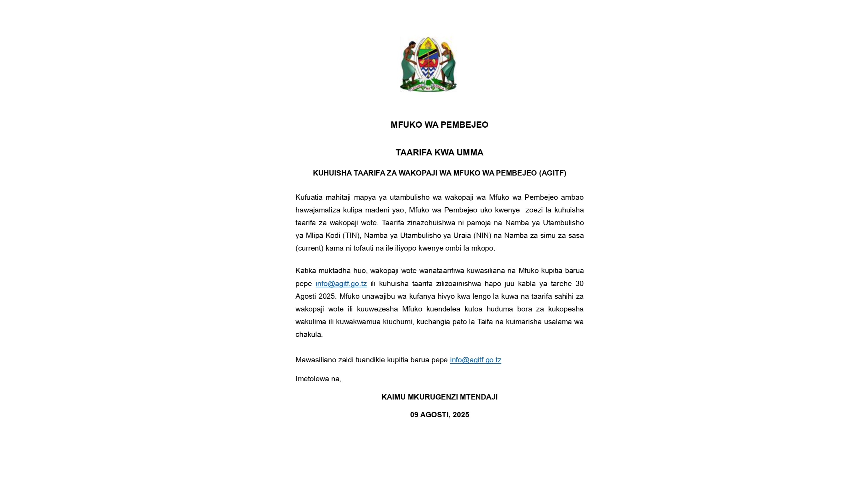 TAARIFA KWA UMMA